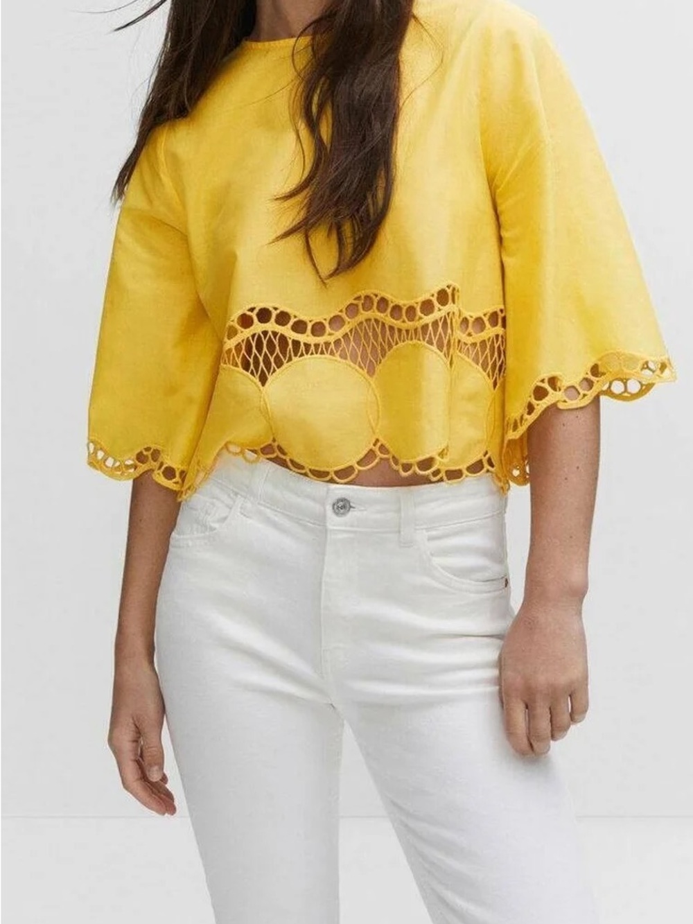 MANGO Yellow Crochet Lace Cutout Hem Crop Top Blouse Flared Bell Sleeve Sz 6